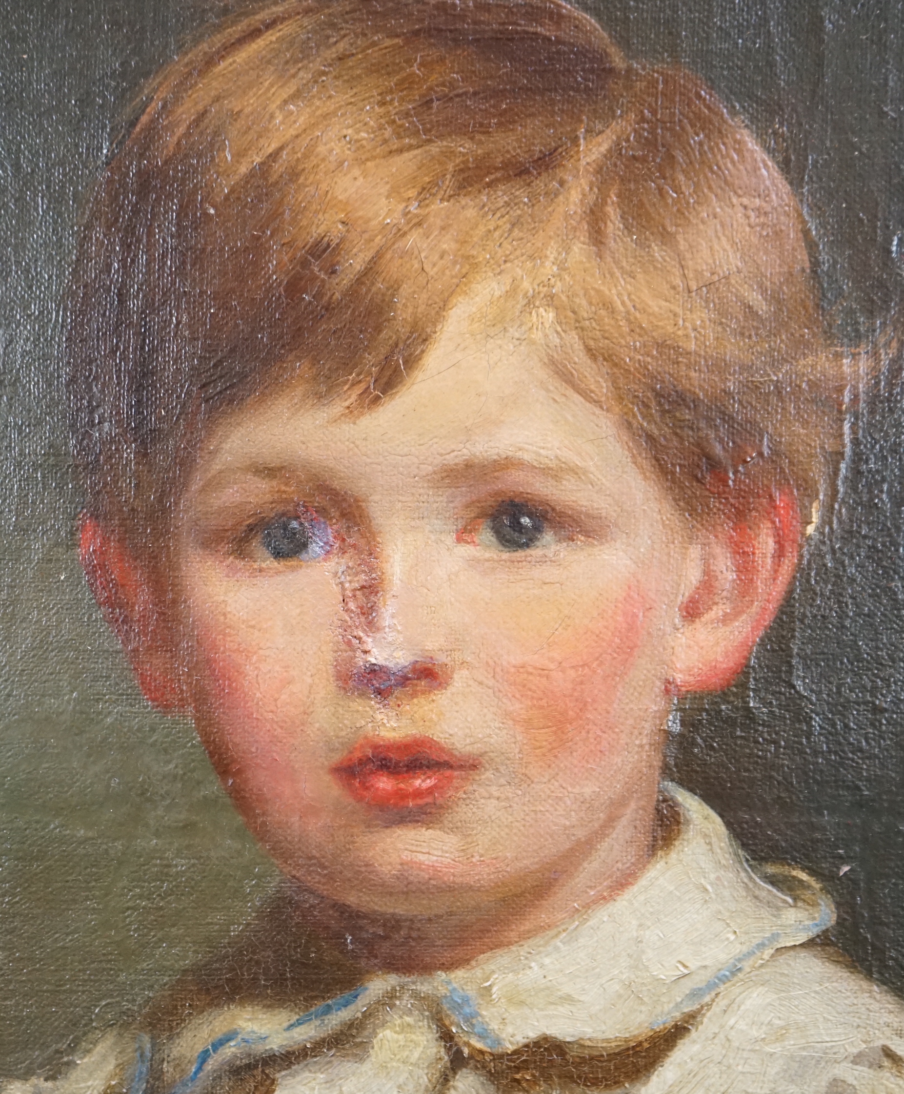 Attributed to J.W. Beaufort (fl. circa 1920-30), Full length portrait of a boy standing beside a collie, oil on canvas, 121 x 91cm